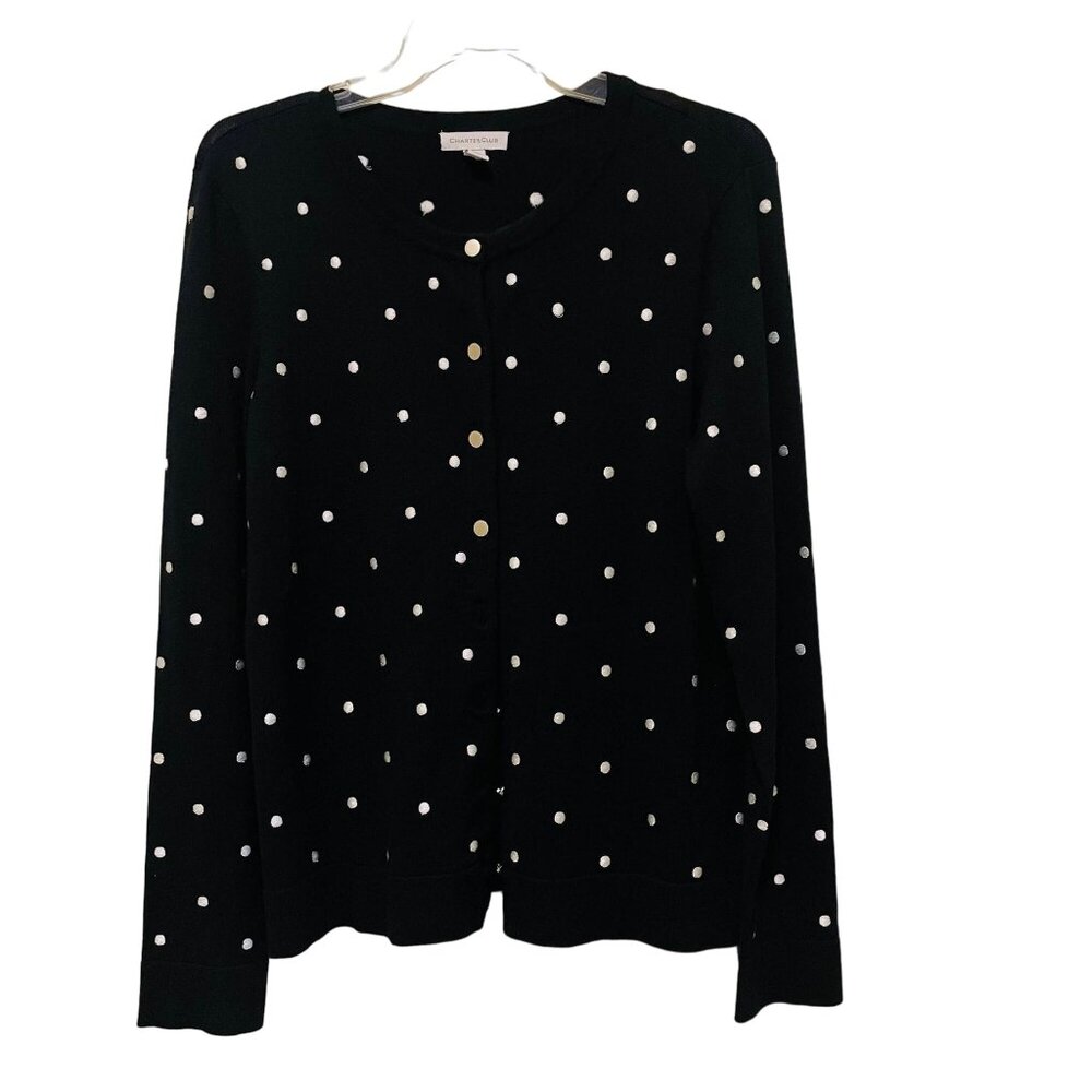 Charter Club Womens Cardigan Sweater Black White Polka Dot Size Large
